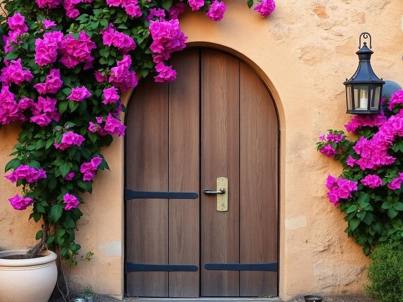 An arched wooden door in an ochre wall under a spill of magenta bougainvillea