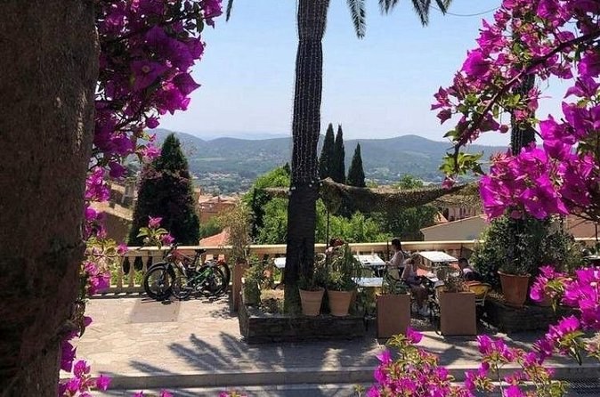 A village terrace framed by bougainvillea and palms, looking out over wooded hills