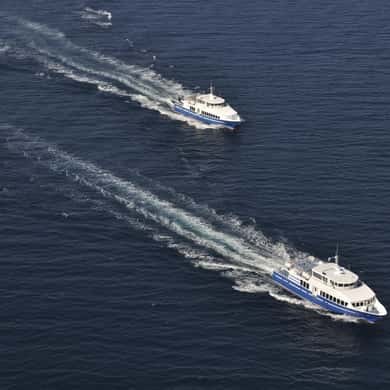 Two white passenger boats crossing deep blue water, their wakes behind them, from above